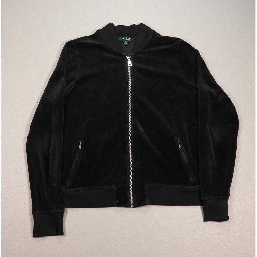 Lauren Ralph Lauren Black Velvet Bomber Jacket Women's Medium Full Zip Soft